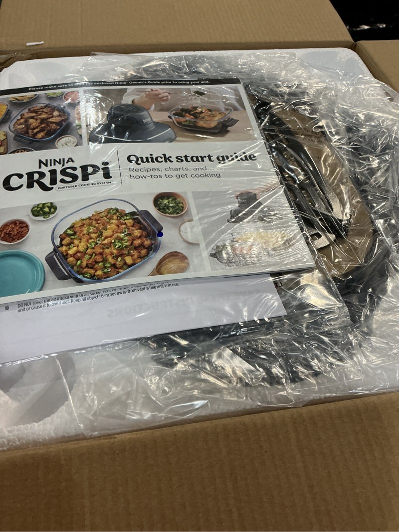 Condition photo showing New/Like New for ninja crispi 4-in-1 glass air fryer | 450°f | non-toxic | 4qt & 6-cup glass containers w/lids | microwave, freezer, dishwasher safe | max crisp, air fry, bake, recrisp | stone | fn101st stone 4 qt