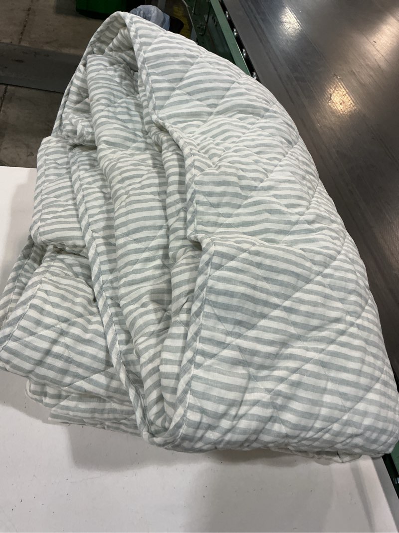 Condition photo showing As Is for european linen stripe quilt set, king/cal king, mist/white stripe 1 pieces