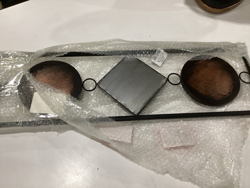 Condition photo showing Good Condition for whw whole house worlds modernist home floating circles and squares, rectangle frame metal wall art, artisan crafted, rustic gray, bronze,gold and silver painted iron, over 3 ft long,