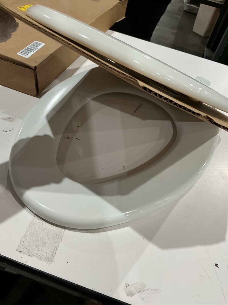 Condition photo showing As Is for bemis ashland modern wood toilet seat with decorative edge, slow close, secure hinges, elongated, white