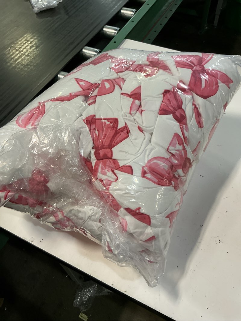 Condition photo showing Good Condition for nanko full size comforter set, pink and white elegant bow pattern soft down alternative quilted duvet insert bed set, modern romantic bedroom decor bedding sets in a bag for women teen, 80 x90 3 pcs full pink and white bow comforter set