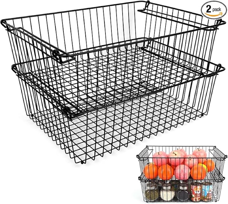 Set of 2 Stackable XXL Wire Baskets For Pantry Storage and Organization -16x12in Large Metal Food Baskets -Vegetable,Fruit,Potato,Onio, Pantry Storage Bins With Handles (Black, XXL