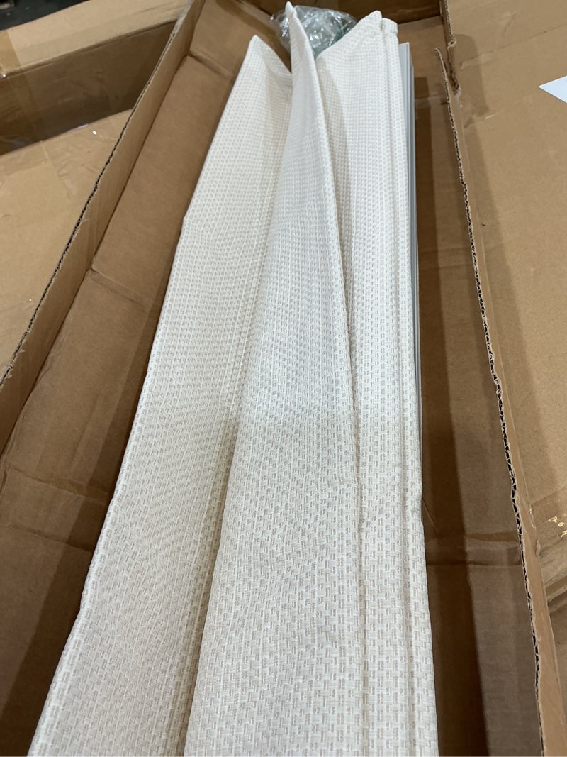 Condition photo showing As Is for madison park roman shade, room darkening blind cordless, 27x64 matte ivory | thermal insulated window blind for indoor windows, basketweave privacy window treatment for home, living room decor room darkening basketweave matte linen 27"w x 64"h