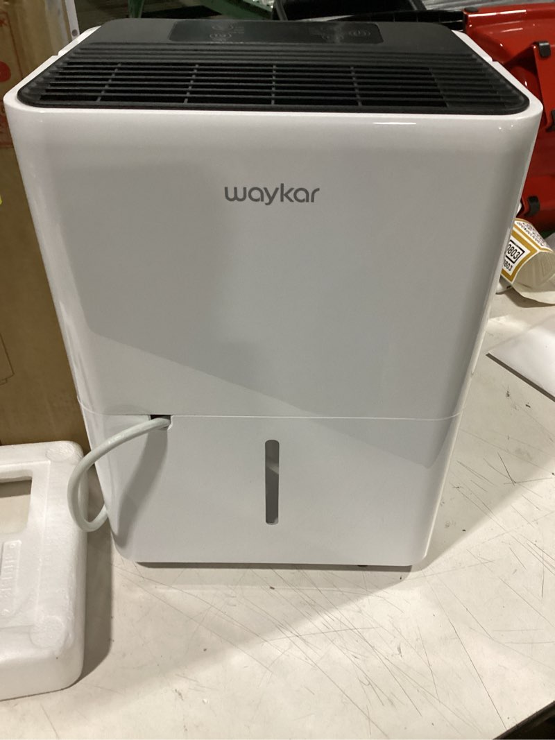 Condition photo showing As Is for waykar 150 pints 2025 energy star dehumidifier with pump for spaces up to 7,000 sq. ft. at commercial and industrial large room, warehouse, home, basement, with drain hose, auto defrost, self-drying white