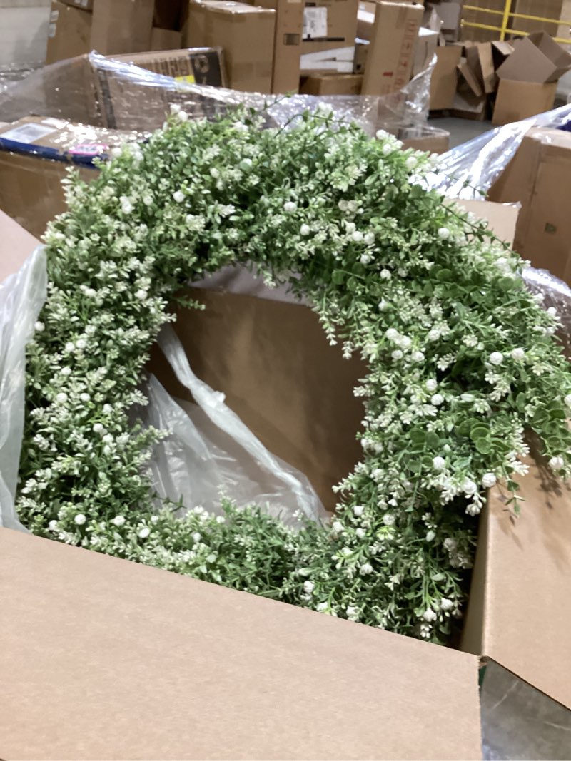 Condition photo showing New/Like New for 32'' large eucalyptus wreath for front door, porch- artificial eucalyptus and lavender with babys breath flowers wreath for home, farmhouse wall decor- spring, summer, fall, all seasons (white-green) 32"