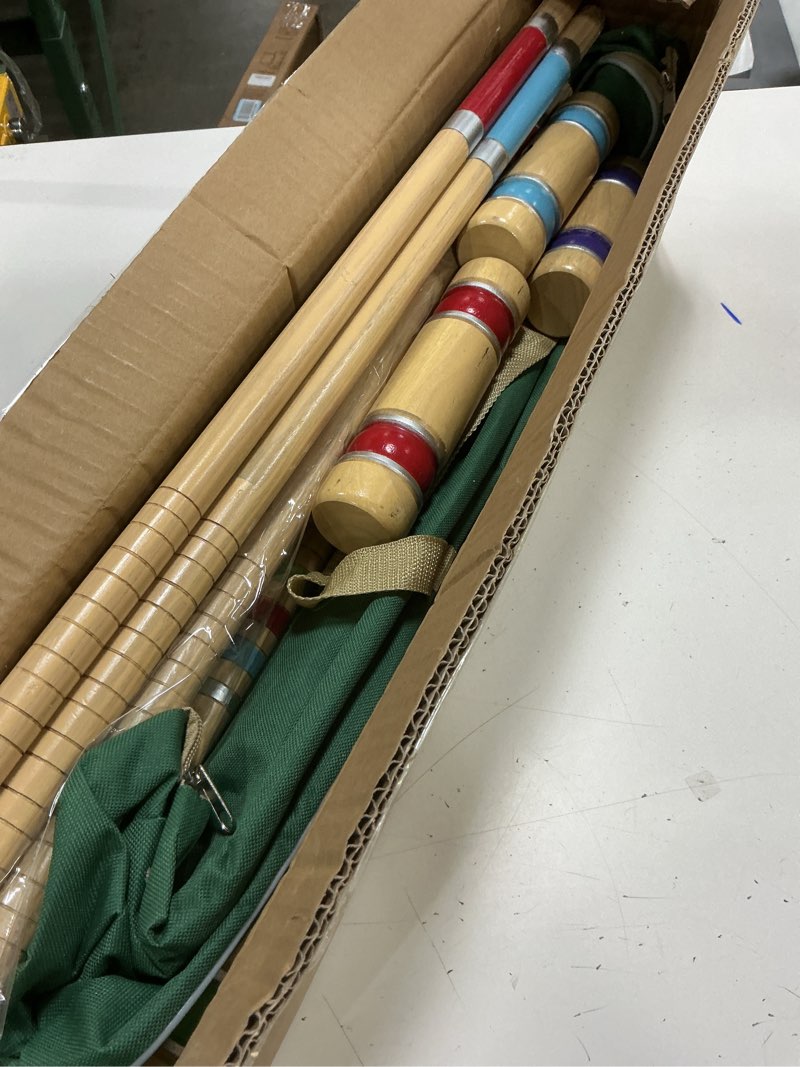 Condition photo showing As Is for apudarmis six player croquet set with premiun rubber wooden mallets 28in,colored ball,wickets,stakes - lawn backyard outdoor game set for adults/teenagers/family (large carry bag including) 28'' standard