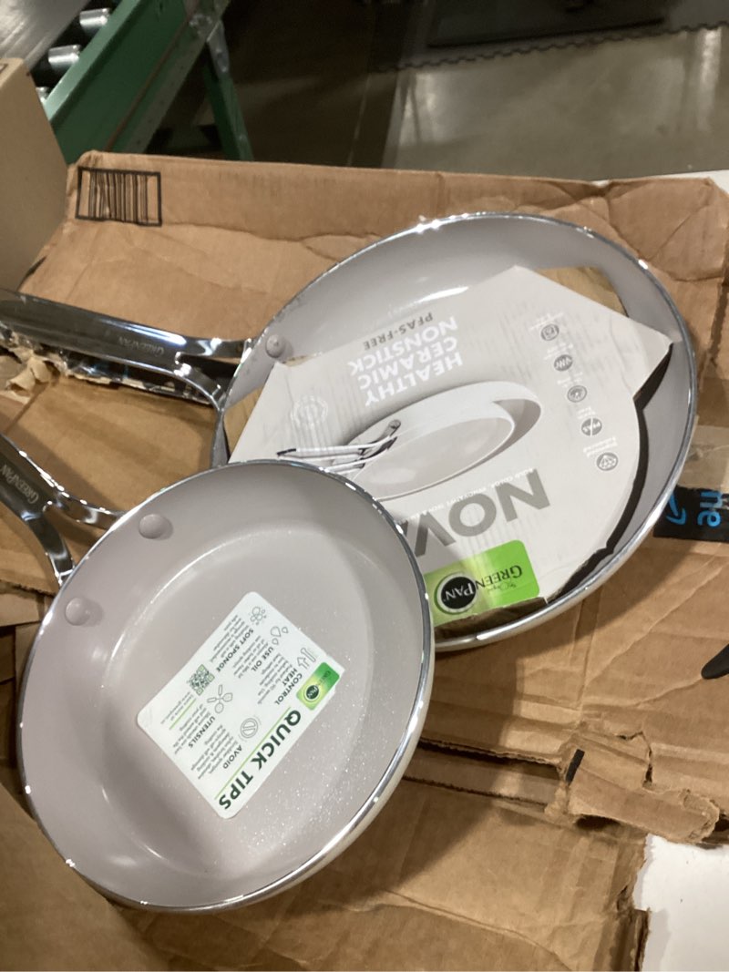 Condition photo showing Good Condition for GreenPan Nova 8” & 10” 2 Piece Frying Pan Skillet Set, Oprah’s Favorite Things 2024, Induction Suitable PFAS-Free Nontoxic Ceramic Nonstick, Dishwasher & Oven Safe, Quick Even Heating, Cream White 8" and 10" Frying Pan Skillet Set Cream White