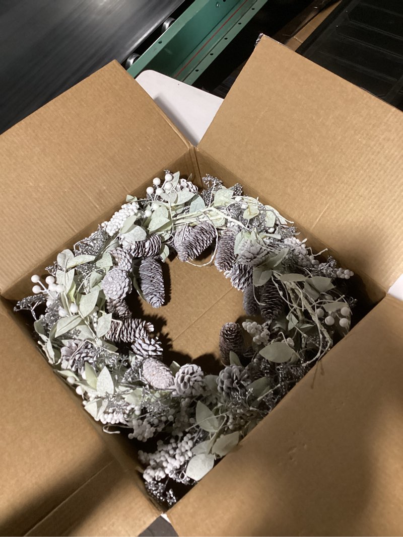 Condition photo showing Good Condition for Birch Wreath with White Berries, Iced Pine Cones, Holly Leaf, Branch - 26" Winter Christmas Wreath for Front Door or Indoor Wall Window Thanksgiving Decor Silver Green