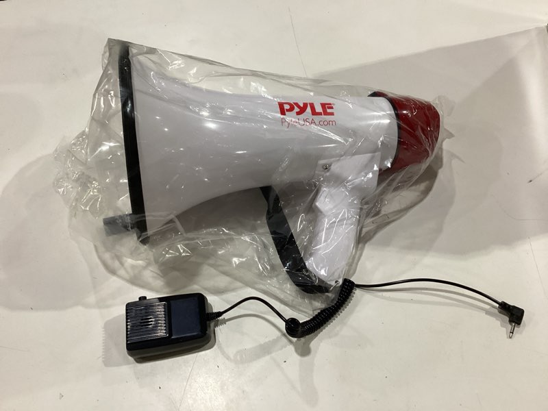 Condition photo showing New/Like New for Pyle 40 Watt Professional Megaphone Clear Sound & Ergonomic Grip - Multi-Function with Talk, Siren, Volume Control - Detachable Handheld Mic - Indoor & Outdoor Sports, Emergency Response White
