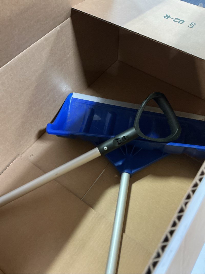Condition photo showing As Is for Snow Pusher Shovel for Driveway Car Garage, Snow Removal Plow with D-Grip Handle Aluminum Strip, Ergonomic Heavy Duty Wide Snow Shovel for Home Outdoor, Blue