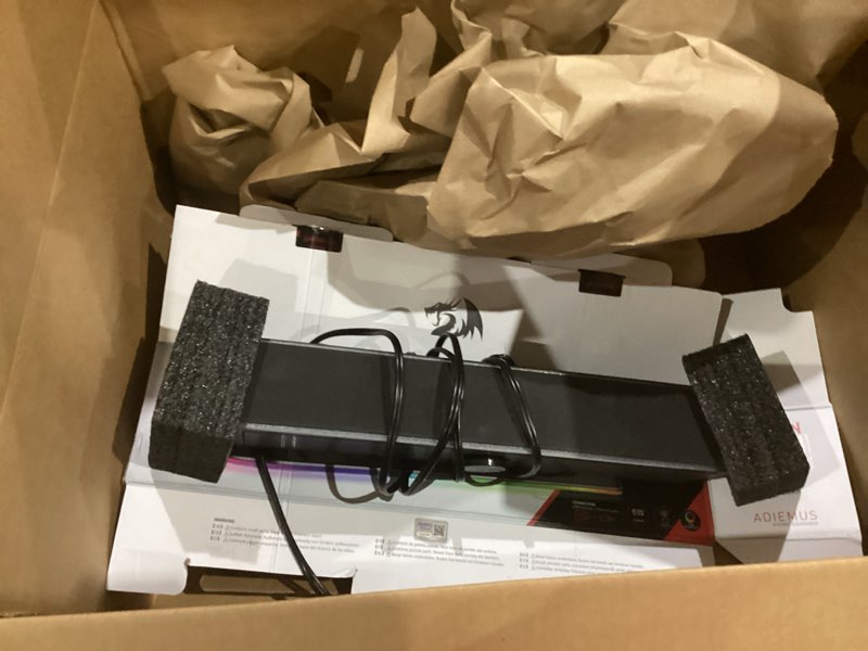 Condition photo showing Good Condition for redragon gs560 rgb desktop soundbar, 2.0 channel computer speaker with dynamic lighting bar audio-light sync/display, touch-control backlit with volume knob, usb powered w/ 3.5mm cable, black