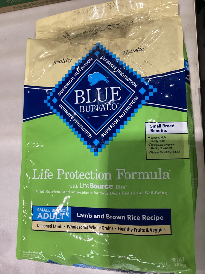 Condition photo showing As Is for *bag damaged / Oct 24 2025*Blue Buffalo Life Protection Formula Adult Small Breed Dry Dog Food, Supports High Energy Needs, Made with Natural Ingredients, Lamb & Brown Rice Recipe, 15-lb Bag Lamb & Brown Rice 15 Pound (Pack of 1)