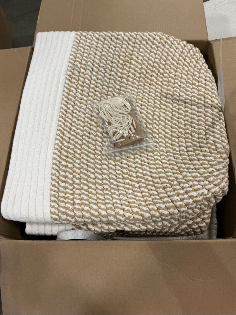 Condition photo showing Good Condition for 5 pack woven storage baskets for shelves, decorative basket organizer storage bins for toys, books, clothes, closet, nursery, bathroom – cotton rope shelf baskets for organizing, khaki & white