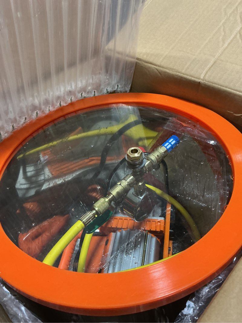 Condition photo showing As Is for vevor 5 gallon vacuum chamber with pump, 3.5 cfm, single stage vacuum pump, stainless steel degassing chamber kit with tempered glass lid, 5 ft hose, for stabilizing wood degassing silicone resin