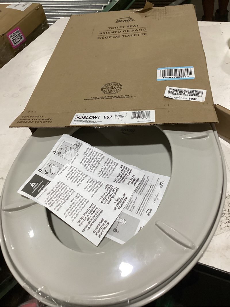 Condition photo showing As Is for bemis classic colors slow close toilet seat, easy clean hinges and durable plastic seat, made in usa, round, ice grey round ice gray