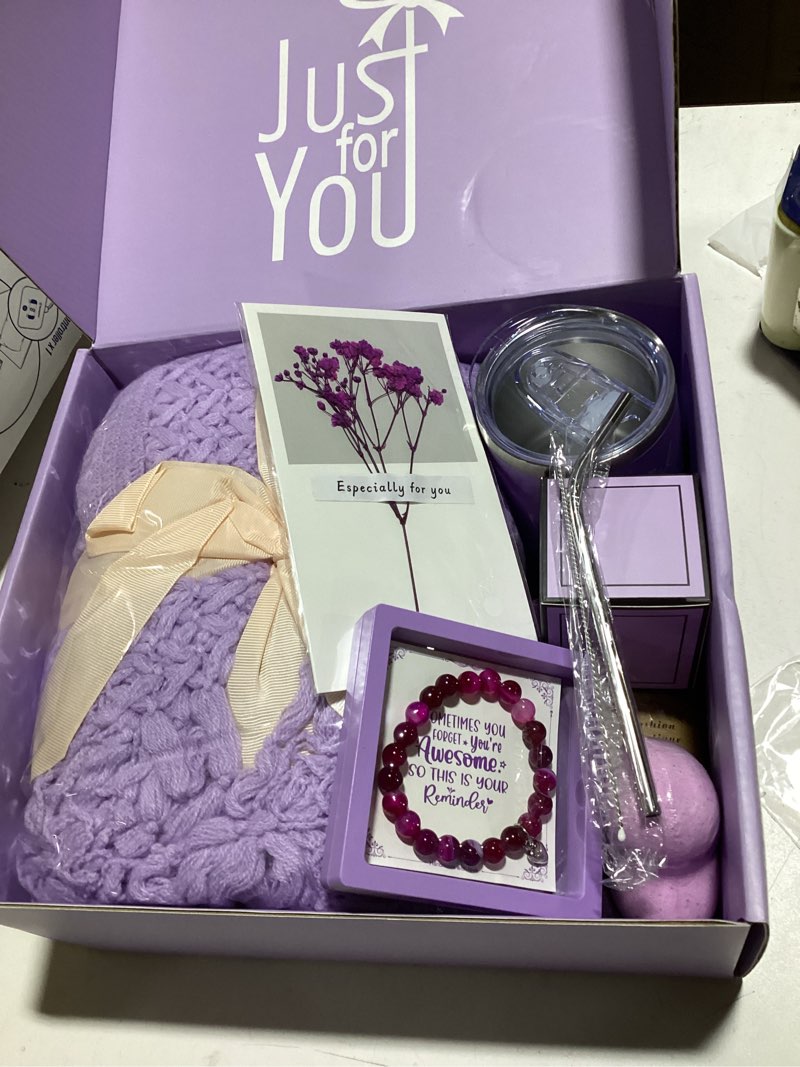 Condition photo showing Good Condition for Birthday Gifts for Women Mom Daughter Best Friend - Unique Christmas Valentines Day Gifts for Her Wife Girlfriend - Lavender Self Care Get Well Soon Gift, Spa Gift Baskets w/Blanket Care Package Purple for women