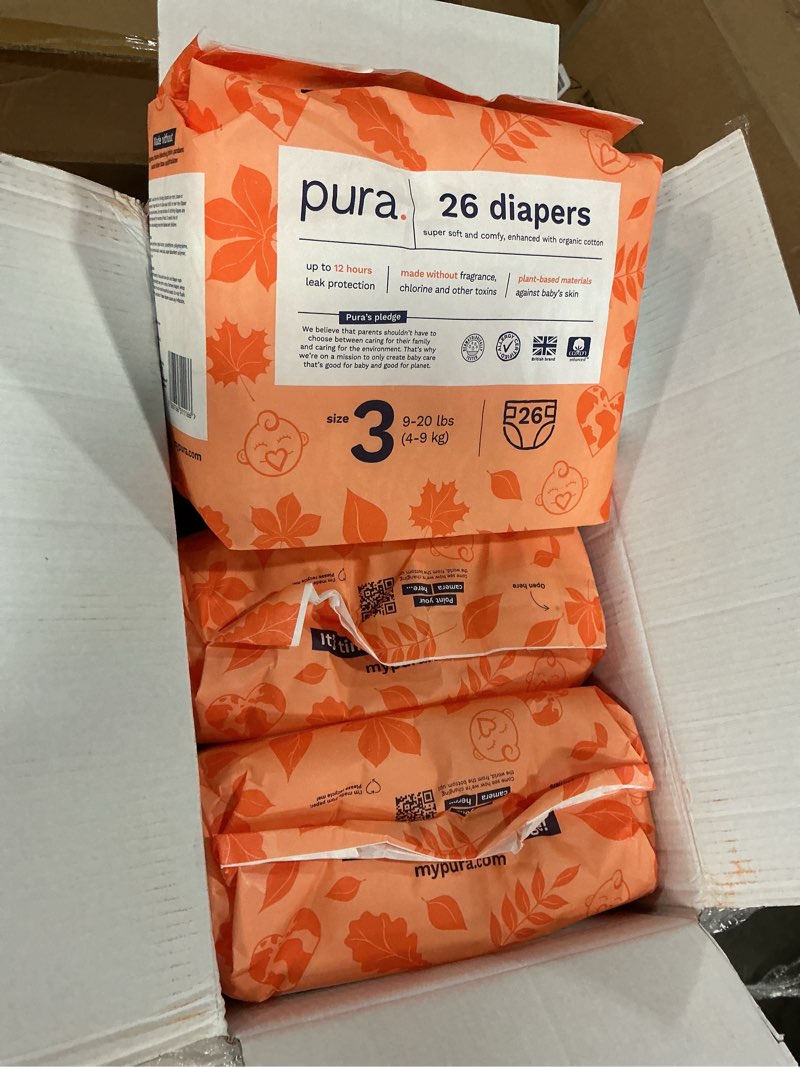 Condition photo showing New/Like New for Pura Hypoallergenic Diapers, Size 3 (9-20 lbs) Monthly Pack, Overnight, up to 12 Hours Leak Protection, Suitable for Sensitive Skin, TCF, Super Soft Organic Cotton, 6 Packs of 26 (156 Baby Diapers) Size 3 156