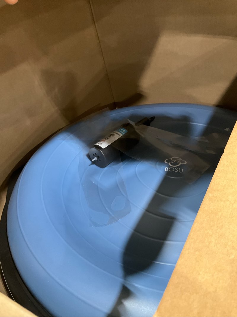 Condition photo showing Good Condition for bosu balance ball exercise trainer, home gym equipment w/guided workouts & pump, 26" inflatable fitness platform for strength training, standing, balancing, and core workout light blue/black