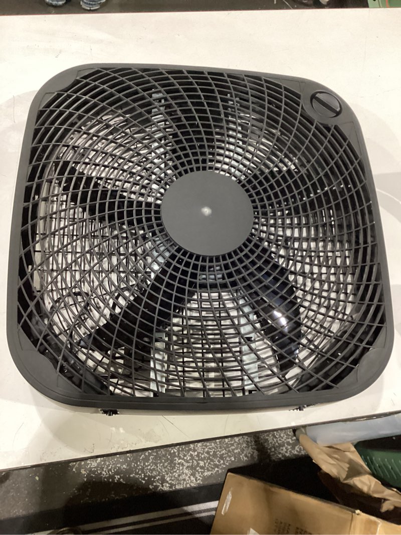Condition photo showing As Is for **missing feet, not tested**  amazon basics 3-speed box fan for bedroom, portable with carry handle, powerful airflow, 5 blades, lightweight design, 67 watts, 20-inch, black, 6.8\\\"d x 20.86\\\"w x 21.33\\\"h