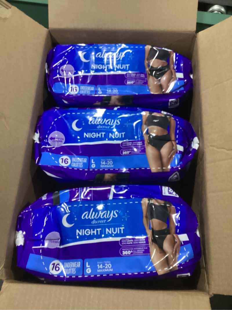 Condition photo showing New/Like New for Always Discreet Adult Incontinence Overnight Underwear for Women, Large, Up to 100% Bladder Leak Pro