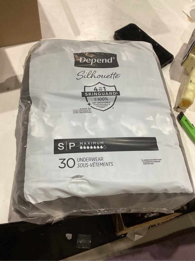 Condition photo showing New/Like New for depend silhouette adult diapers, incontinence & postpartum bladder leak underwear for women, maximum absorbency, small, black, 60 count (2 packs of 30), packaging may vary black small 60