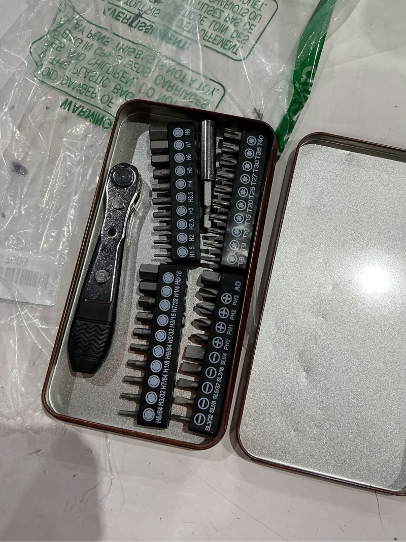 Condition photo showing As Is for right angle screwdriver,42 pcs 1/4 mini ratchet set,90 degree offset ratcheting wrench,hex/torx/slotted/phillips magnetic bits,stocking stuffers for men&women