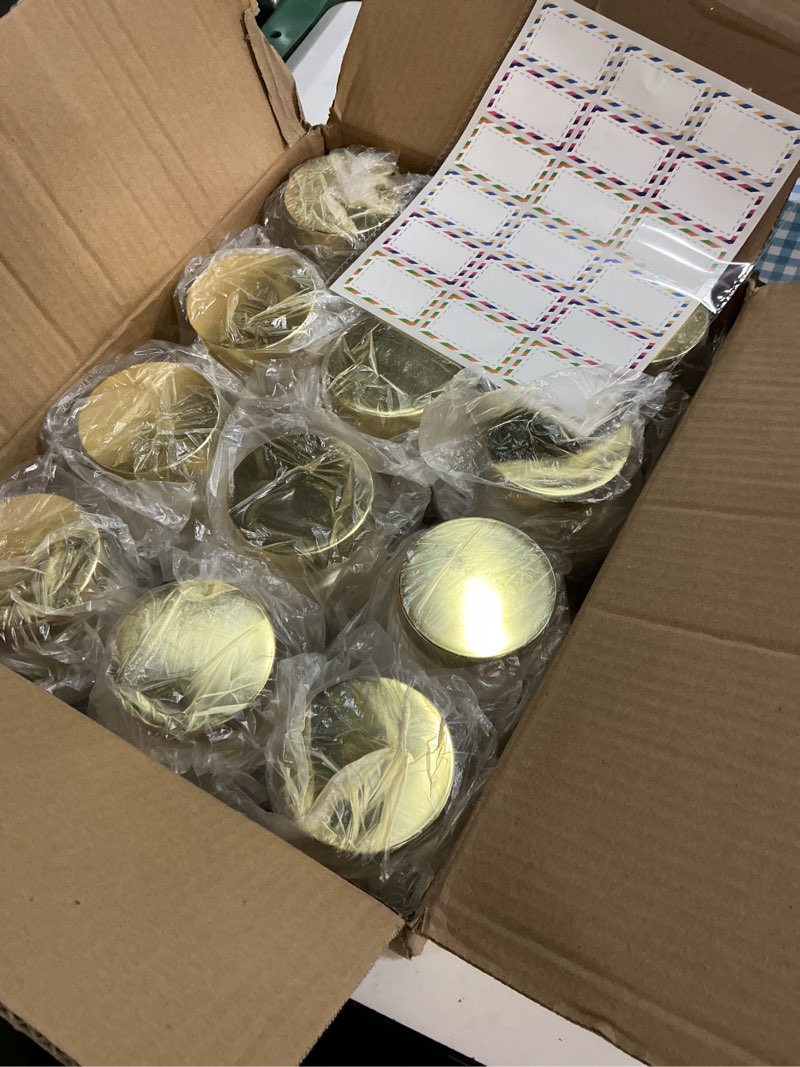 Condition photo showing New/Like New for 24 pack 8 oz plastic containers with lids and waterproof label bpa free - refillable transparent cosmetic containers for body butter,sugar scrubs,cream,lotions,candy,bath salt (24, gold) gold 24