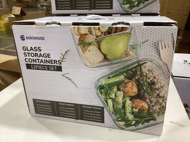 Condition photo showing New/Like New for 12-pack glass containers with tempered lids – borosilicate, oven-safe(-4°f~950°f), airtight, bpa-free, multi-size for meal prep, dishwasher safe (gray)