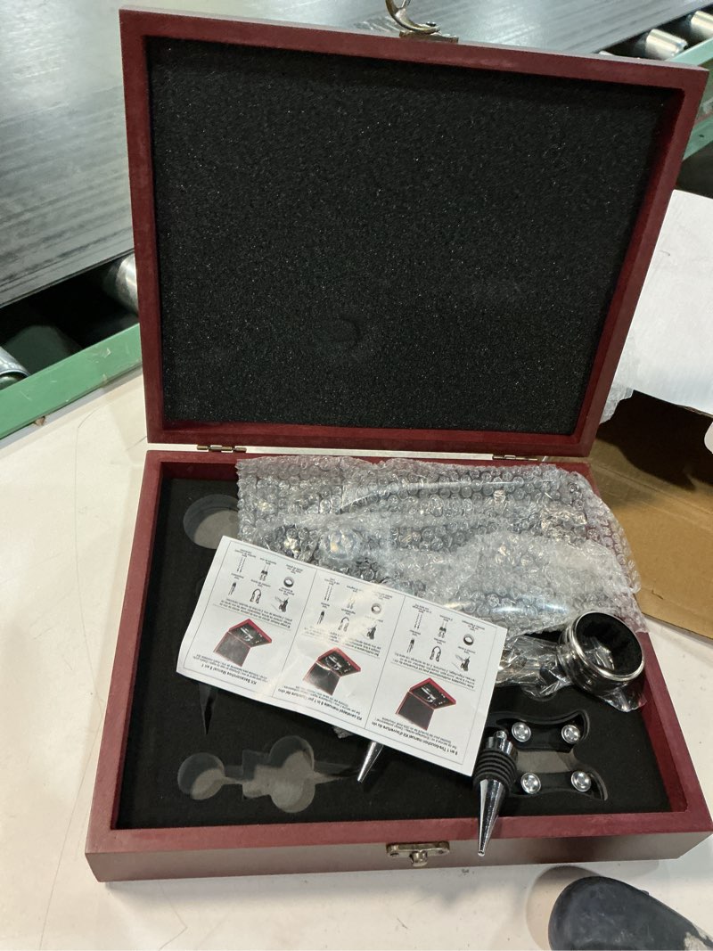 Condition photo showing As Is for wine bottle opener gift set - 8 pcs corkscrew opener with wood case, stainless steel opener kit for birthdays & weddings