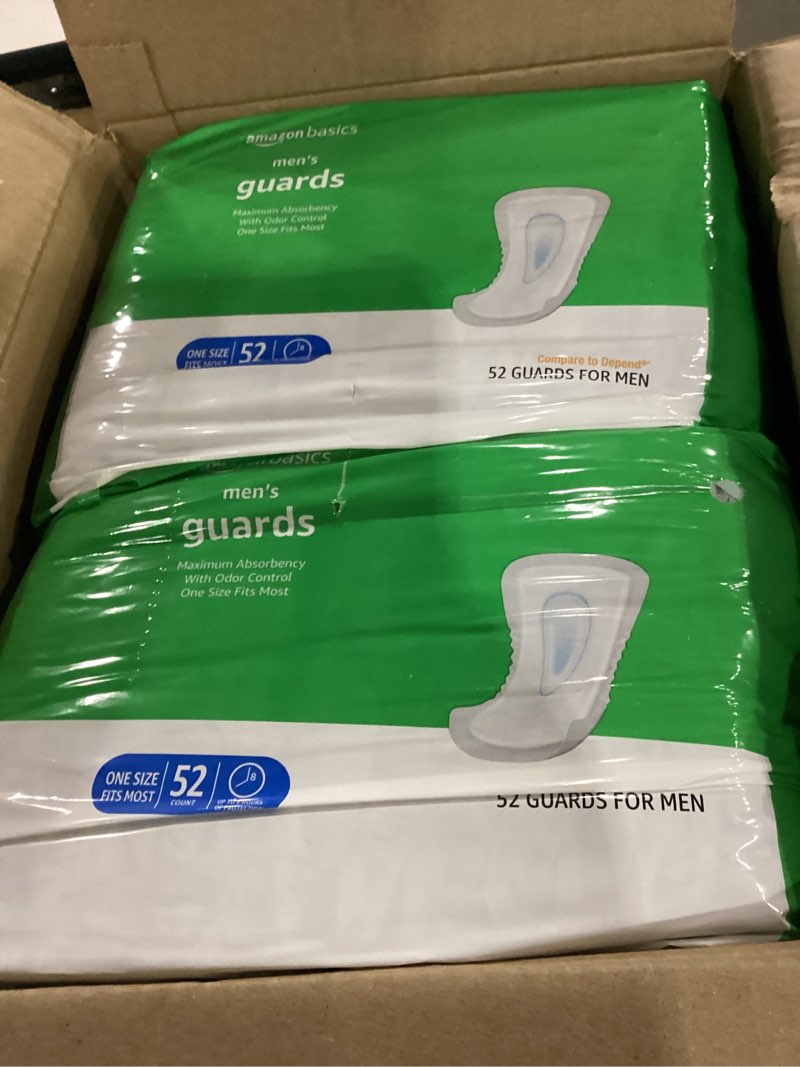 Condition photo showing New/Like New for amazon basics men's incontinence guards, maximum absorbency, moisture-wicking with odor protection, one size fits most, 104 count (2 packs of 52)