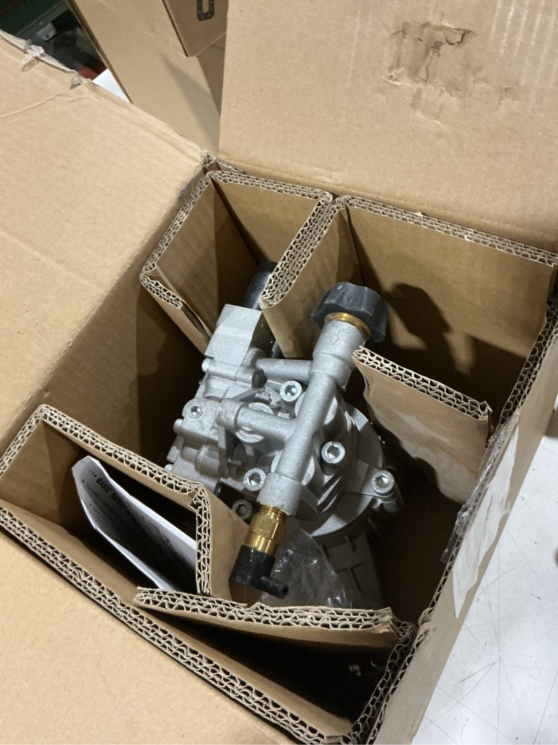 Condition photo showing Good Condition for biswing pressure washer pump, 7/8" shaft vertical plunger, 3400 psi max, 2.5 gpm, replacement pump for gas power washer, rear facing inlet/outlet rear inlet