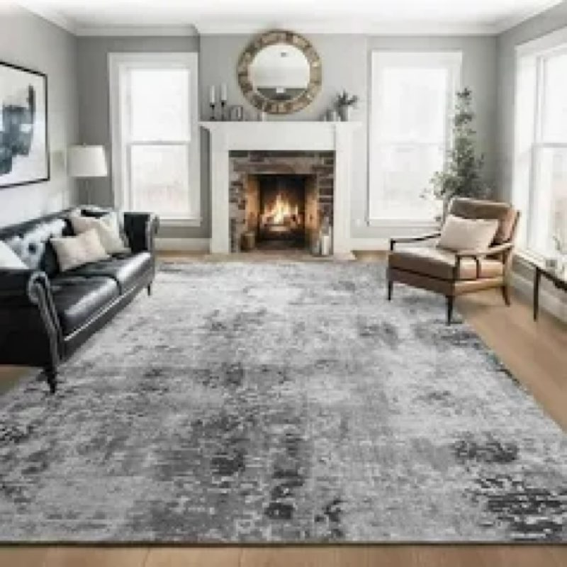 Living Room Rug 8x10 Gray Area Rugs Machine Washable Abstract Boho Large Rug Non-Slip Non-Shedding F