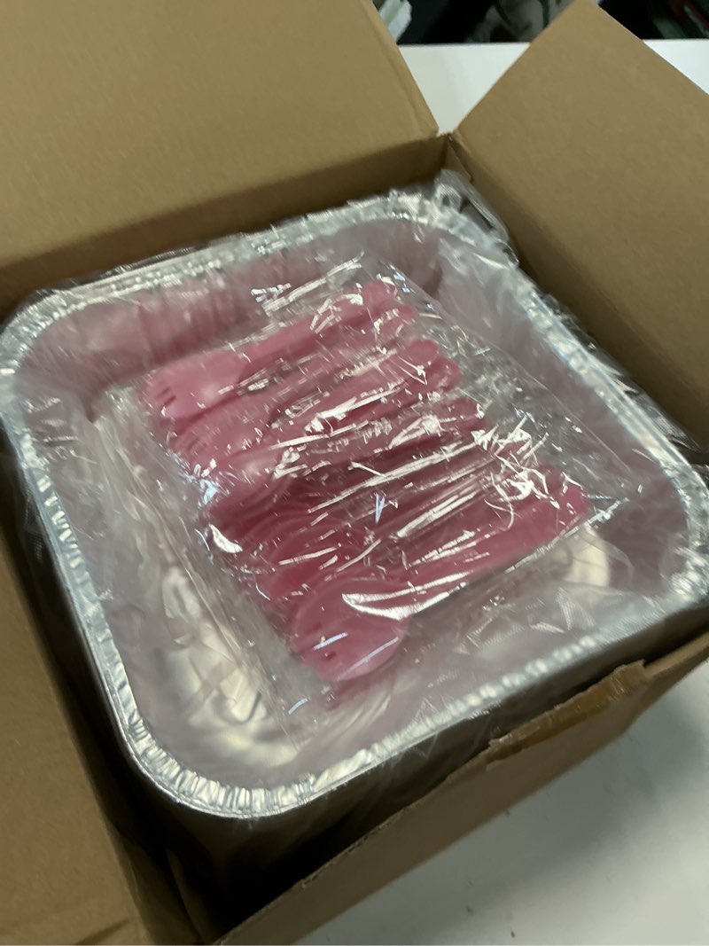 Condition photo showing New/Like New for 35 pack 8x8 inch pink aluminum pans with lids, disposable baking pans with lids, square aluminum trays with lids and spoons suitable for mother's day, birthday party, wedding, picnics