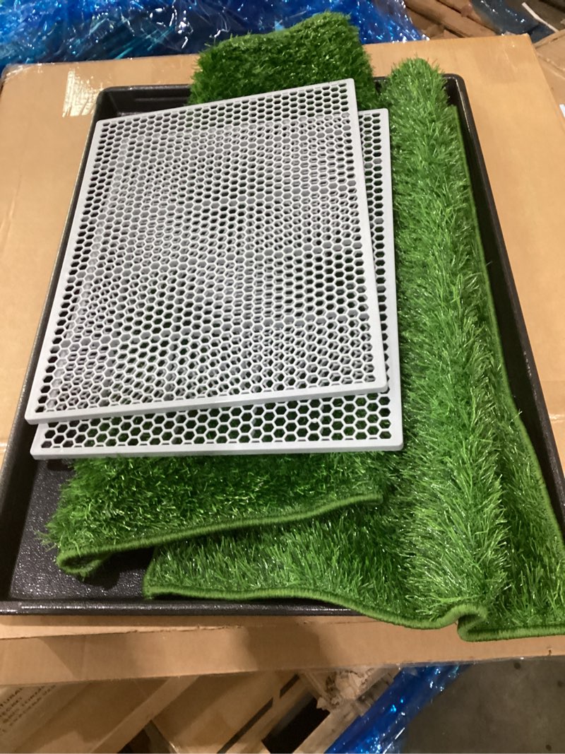 Condition photo showing Good Condition for Dog Grass Pad with Tray Large 34’’×23’’, Dog Litter Box with Odor Free Artificial Grass Pee Pads for Dogs Potty Tray with Hemmed Edge, Realistic for Indoor Balcony Large-34'' x 23'' for 30-60lbs Dog