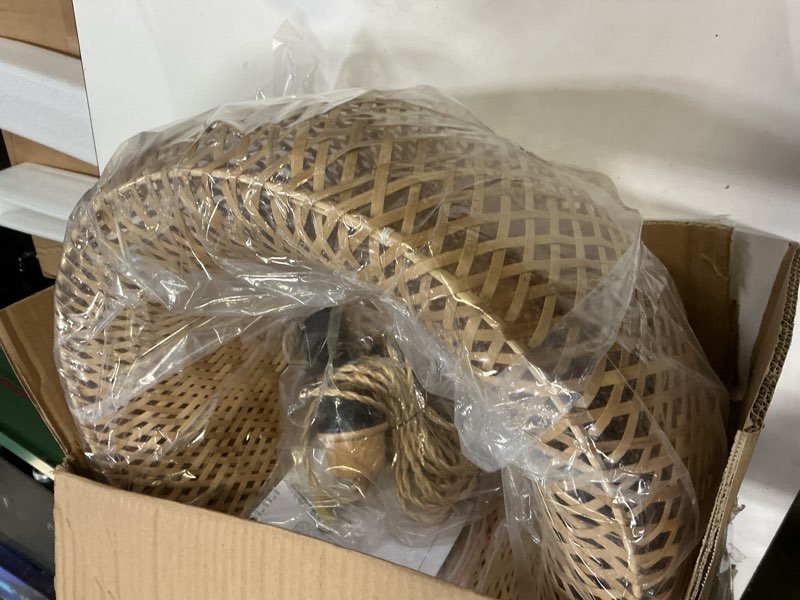 Condition photo showing Good Condition for Bamboo Large Plug in Pendant Light with 14ft Handmade Woven Light Cord, Dimmable Switch, Rustic Basket Hanging Lamp for Bedroom Kitchen Island Farmhouse Dining Room Living Room,17.8 inch Width