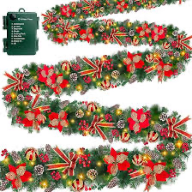 Super Long 8 Modes & Timer 18 Ft Prelit Christmas Garland for Outdoor Indoor Stair Porch 100 Warm Wh