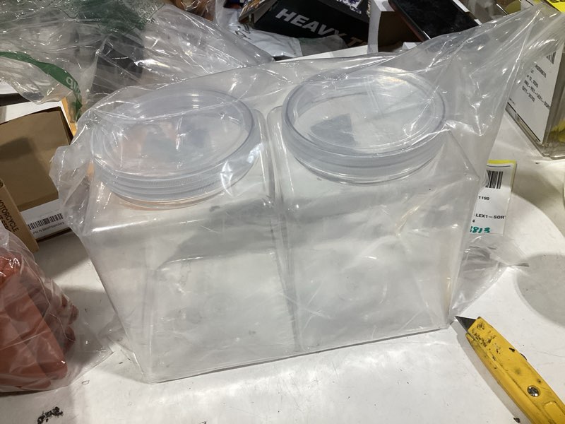 Condition photo showing New/Like New for 2 pack large plastic jars with lids, square clear canisters for candy, cookie, flour - bpa free airtight food storage containers for kitchen pantry organization - wide mouth (5.5 x 5.5 x 8.3 inches)