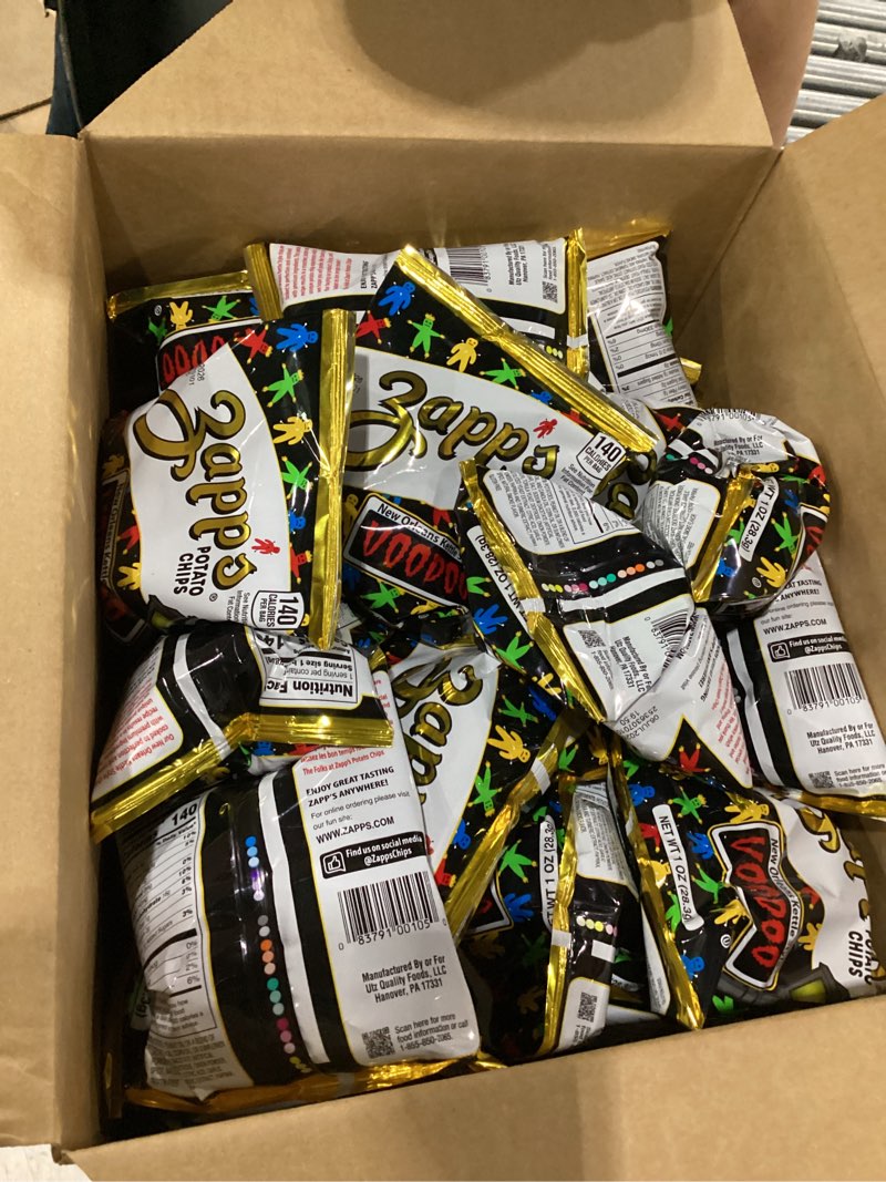 Condition photo showing New/Like New for **best by 06jul2026**zapp's new orleans voodoo potato chips, 42 count - crunchy, gluten free snack with salt, vinegar, and smoky bbq flavors voodoo 1 ounce (pack of 42)