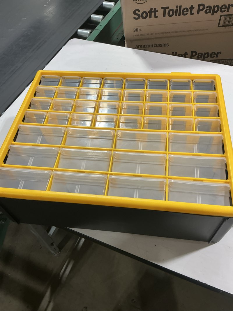 Condition photo showing Good Condition for akro-mils 44-drawer plastic storage cabinet, 20"w x 6"d x 16"h, yellow | plastic cabinet w/ drawers for garage organization, beads, building bricks storage, teacher toolbox, makeup organizer, 10144 yellow 44 drawer 1 pack