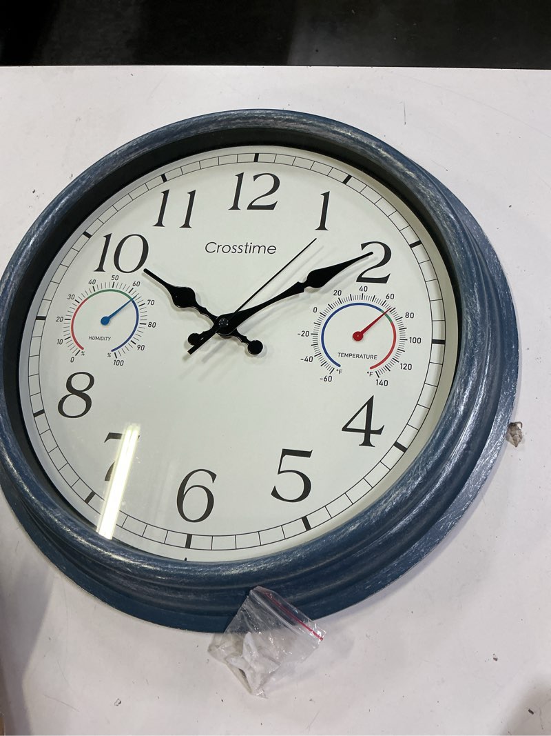 Condition photo showing Good Condition for crosstime 16 inch large outdoor clock waterproof with thermometer & hygrometer combo, coastal retro wall clock for patio, pool, garden, backyard decor, blue 16" blue