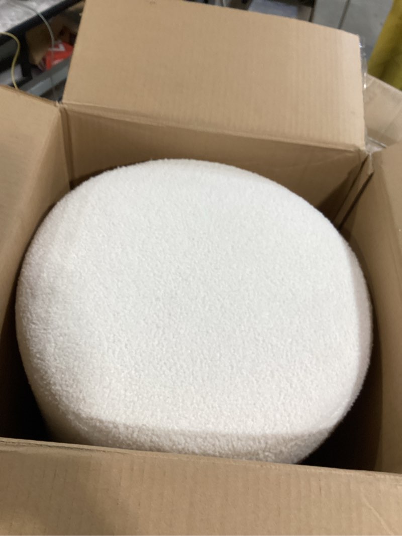Condition photo showing Good Condition for modway tilden 16 inch round soft sherpa fabric upholstered ottoman in ivory natural - small ottoman foot rest with rubberwood plinth base - living room ottoman side table - sherpa ottoman footstool