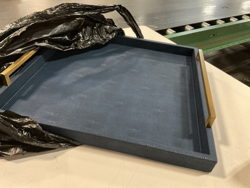 Condition photo showing Good Condition for navy blue decorative tray,serving tray with handles,shagreen leather coffee table tray rectangle for home decor,large ottoman tray for living room,bathroom