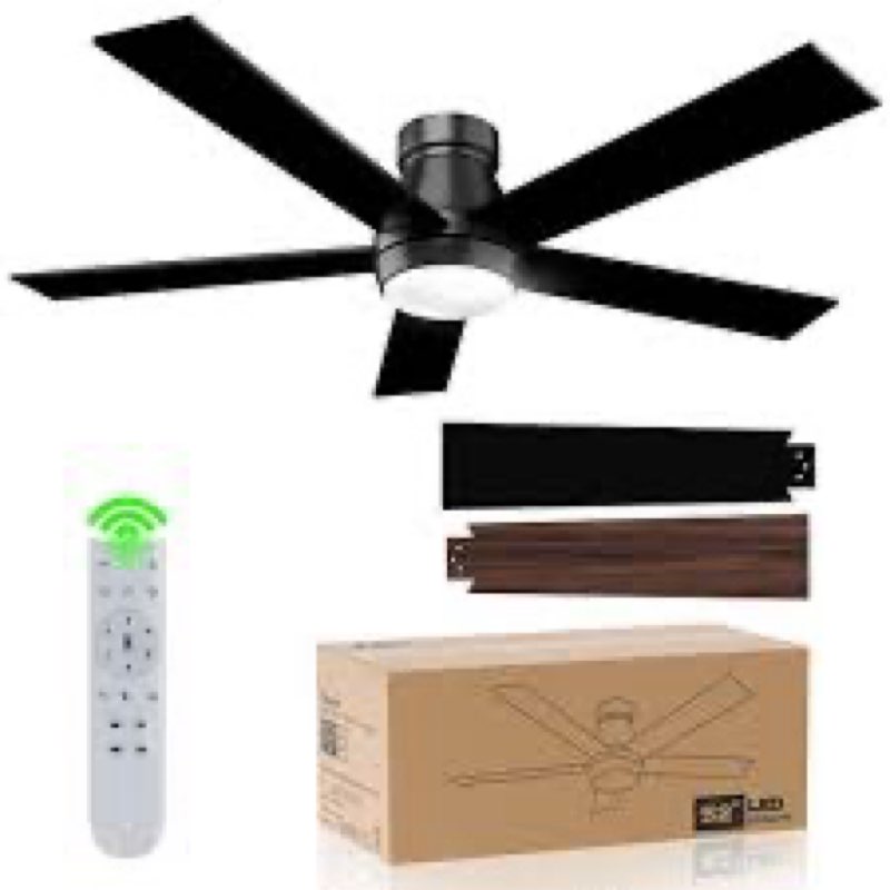 52 In. Dimmable Led Indoor/outdoor Black Ceiling Fan With Light And Remote, 5 Blades, 6 Speeds Dc Reversible, Noiseless