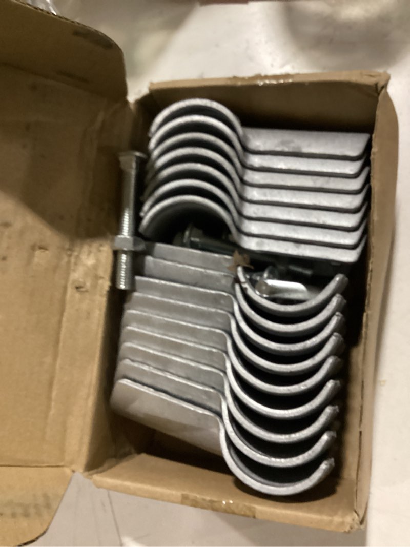 Condition photo showing As Is for comprehensive set of chain link fence parts - includes parts for chain link fence, chainlink fence parts, fence clamps, hardware, top rail, gate kit, kennel & carport replacement parts 1-5/8" x 1-5/8" (8 pcs)