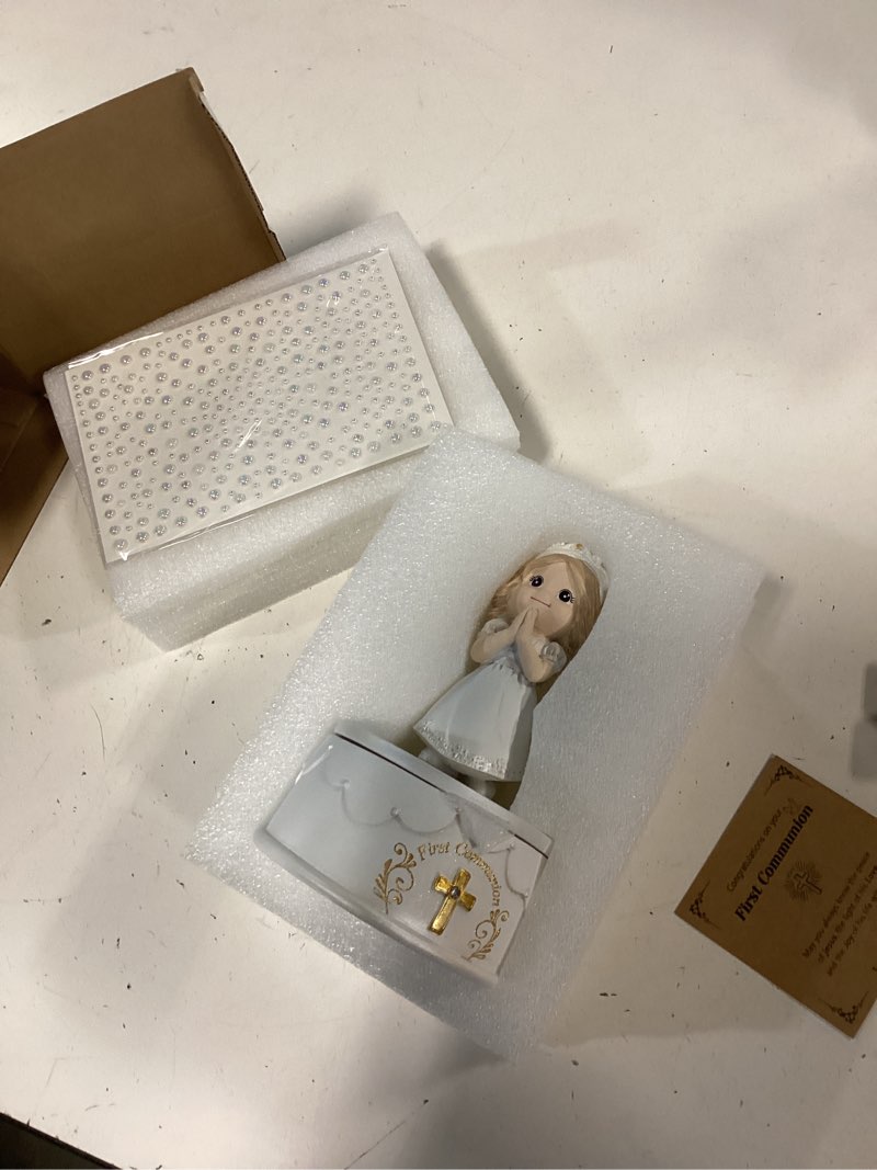 Condition photo showing New/Like New for first communion gifts for girls - 1st holy communion girl figurine with keepsake box & pearl bracelet, religious communion keepsake gift for girls