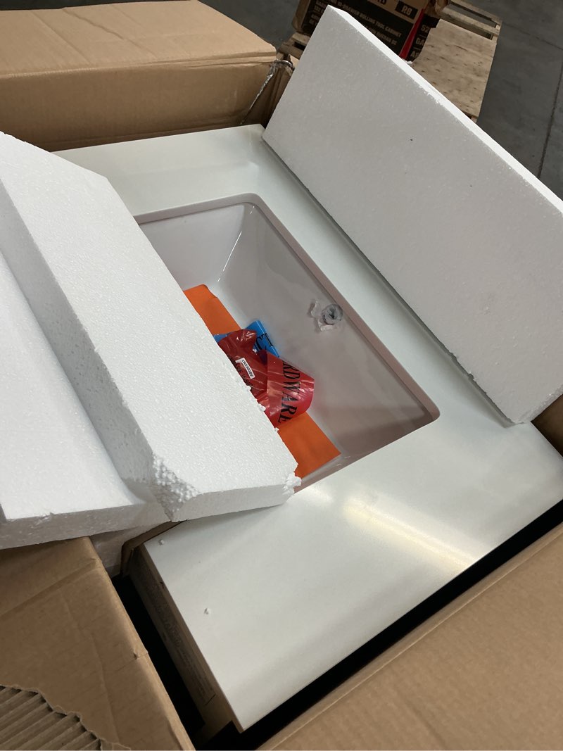 Condition photo showing As Is for allen + roth rigsby 30-in white undermount single sink bathroom vanity with white engineered marble top