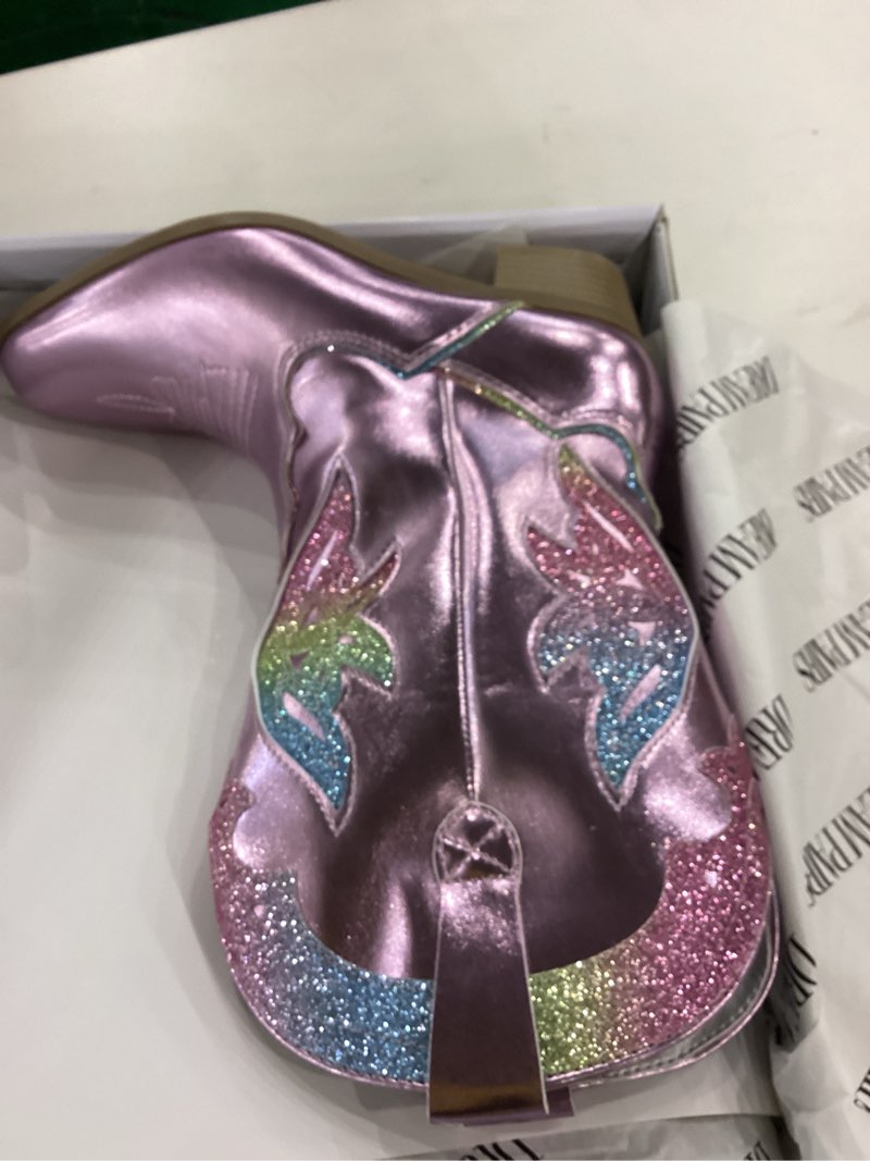 Condition photo showing New/Like New for DREAM PAIRS Girls Cowgirl Cowboy Boots Western Fashion Mid Calf Boots 4 Big Kid Pink/Rainbow