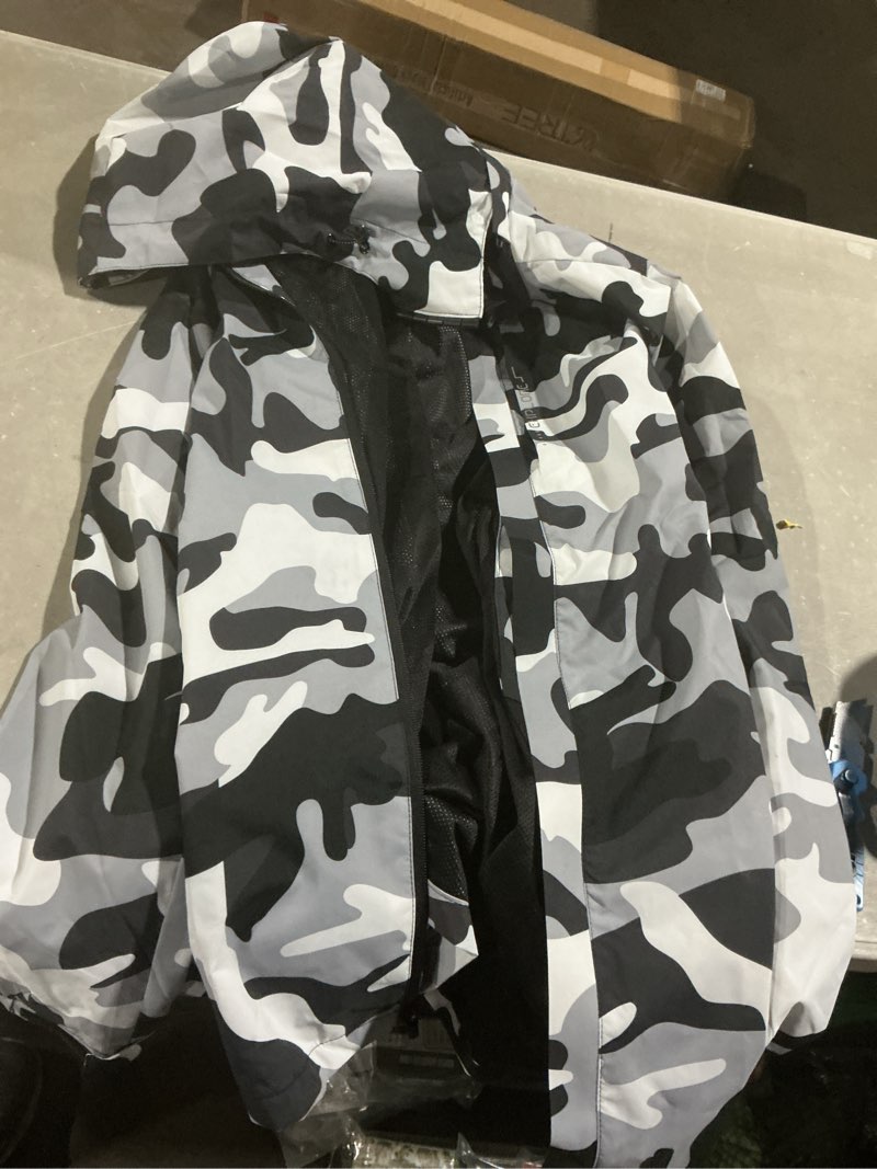 Condition photo showing Good Condition for men's lightweight waterproof rain jacket,shell hooded outdoor raincoat hiking windbreake jacket large snow mountain camo