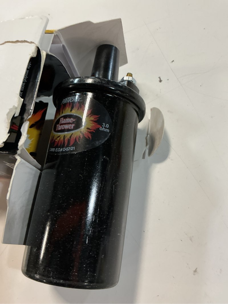 Condition photo showing As Is for pertronix flame-thrower ii ignition coil 45,000 volt - 12v high output performance ignition coil, 0.6 ohm oil-filled canister, black, electronic ignition compatible - 45011