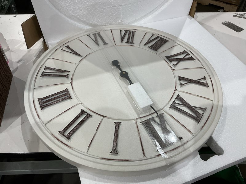 Condition photo showing Good Condition for large farmhouse wall clock - 24 inch, rustic white, distressed roman numeral, metal face, battery operated, modern farmhouse decorative wall clock for living room decor ivory white 24 in